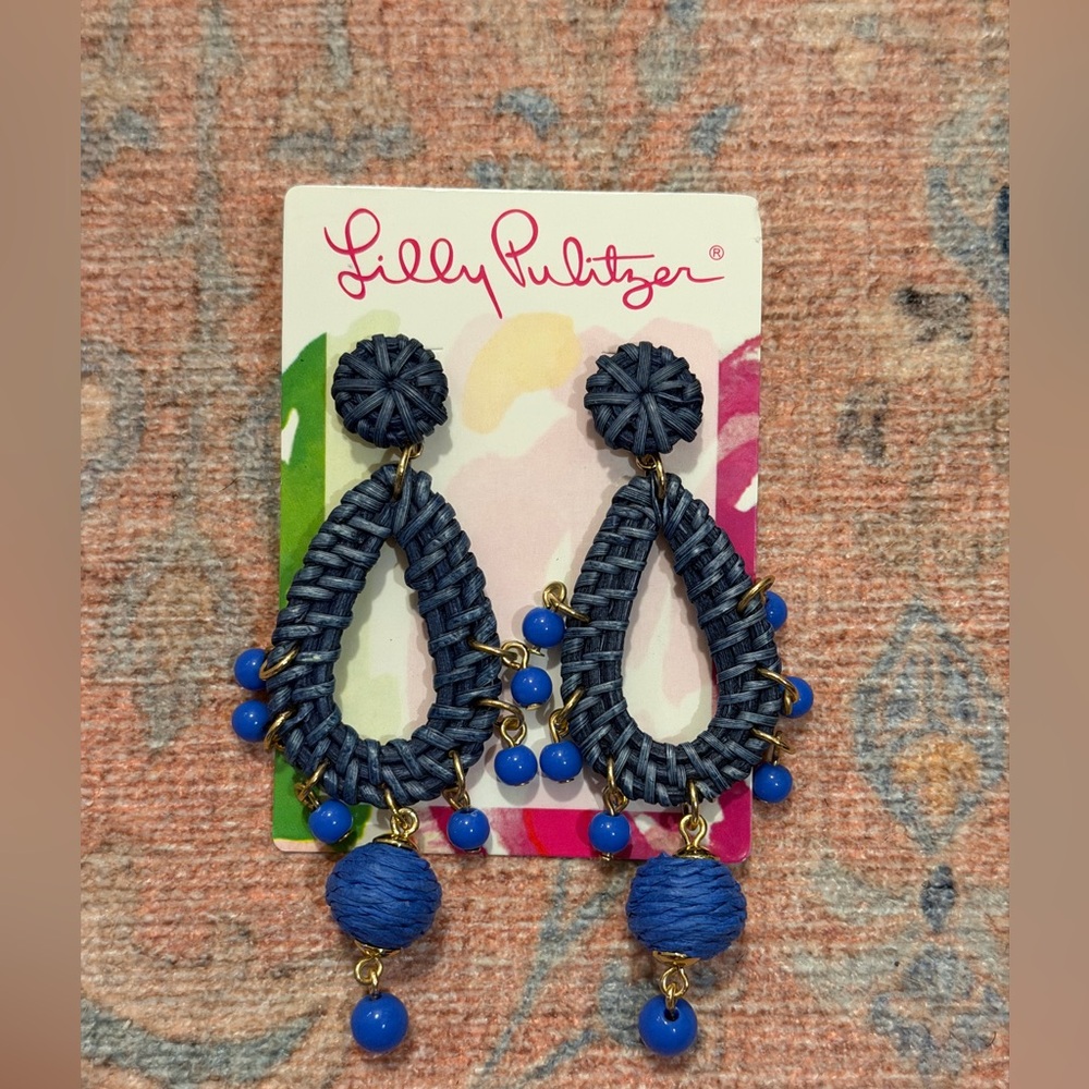Brand New Lilly Pulitzer Alba Blue Dangling Raffia Earrings - Picture 4 of 5